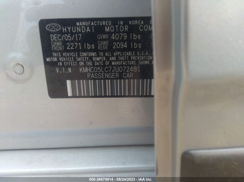 2018 HYUNDAI IONIQ HYBRID LIMITED - KMHC05LC7JU072481
