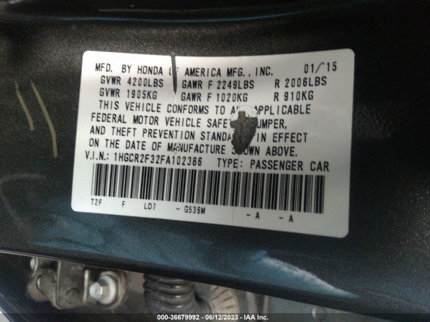 2015 HONDA ACCORD SEDAN LX - 1HGCR2F32FA102386
