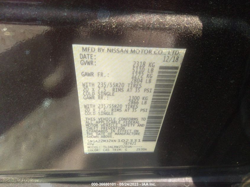 2019 NISSAN MURANO SL - 5N1AZ2MJ2KN102331