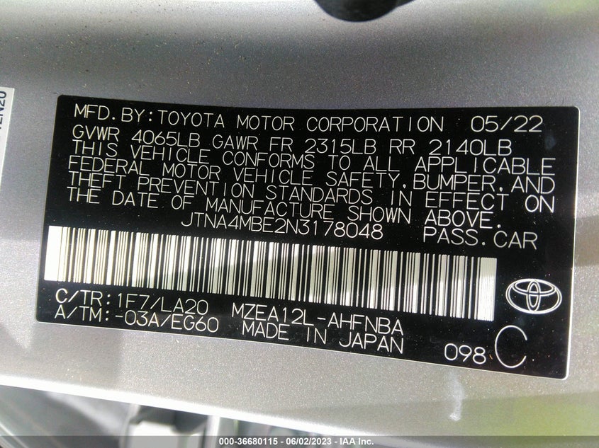 VIN JTNA4MBE2N3178048 2022 TOYOTA COROLLA HATCHBACK XSE