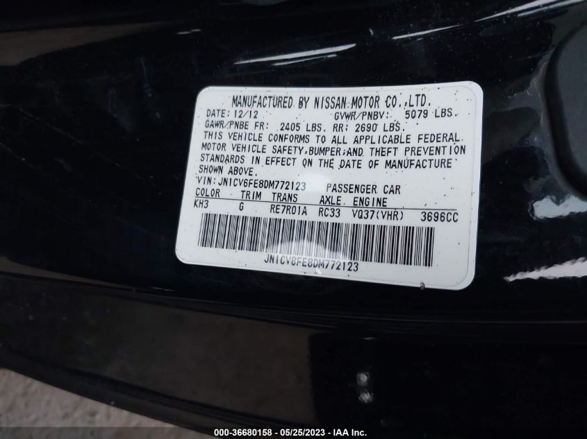 2013 INFINITI G37 CONVERTIBLE BASE - JN1CV6FE8DM772123