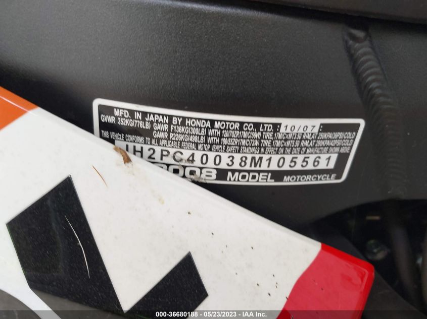 2008 HONDA CBR600 RR JH2PC40038M105561