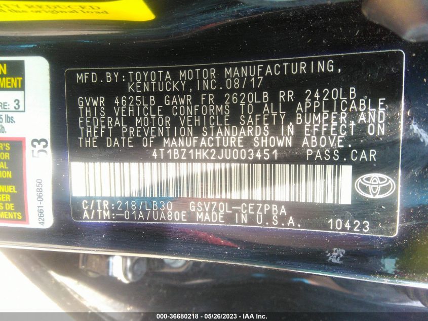 2018 TOYOTA CAMRY V6 - 4T1BZ1HK2JU003451