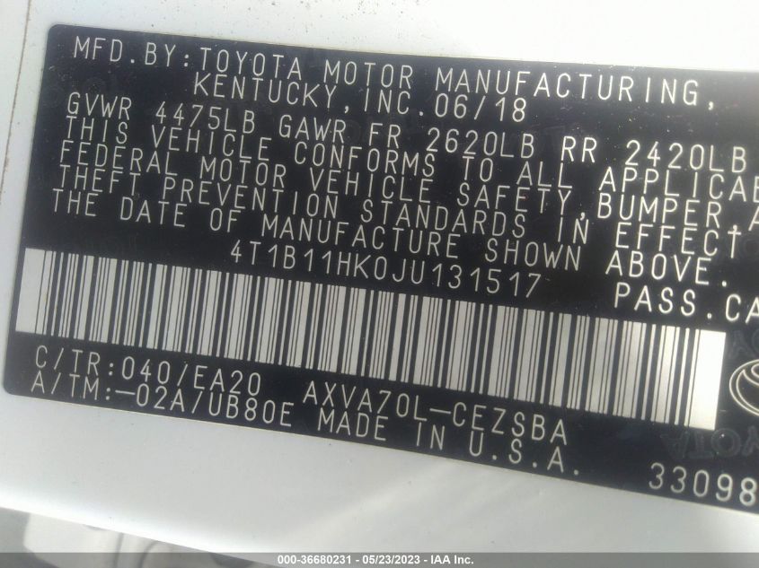 2018 TOYOTA CAMRY LE/SE/XLE/L - 4T1B11HK0JU131517
