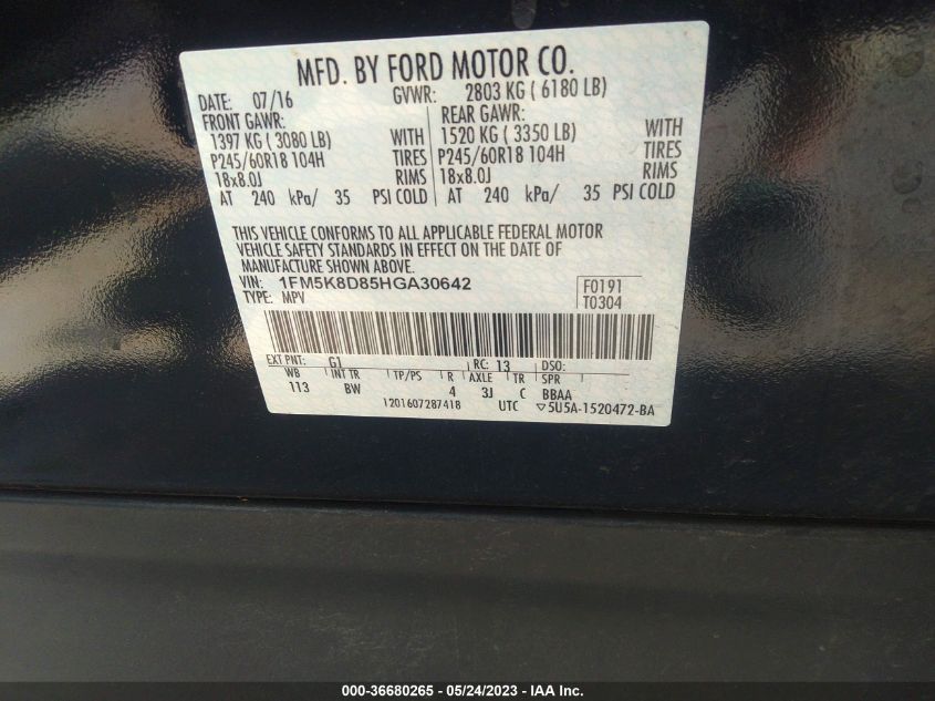 2017 FORD EXPLORER XLT - 1FM5K8D85HGA30642