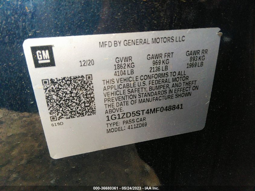 2021 CHEVROLET MALIBU LT - 1G1ZD5ST4MF048841