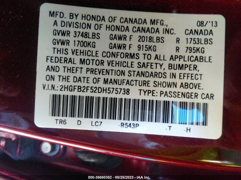 2013 HONDA CIVIC SDN LX - 2HGFB2F52DH575738