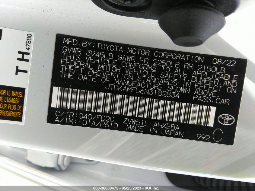 2022 TOYOTA PRIUS L - JTDKAMFU6N3182834