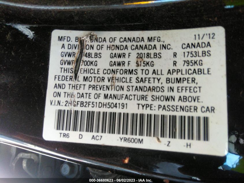 2013 HONDA CIVIC SDN LX - 2HGFB2F51DH504191