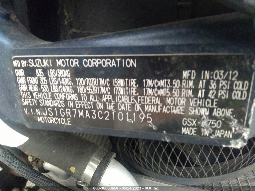 2012 SUZUKI GSX750 - JS1GR7MA3C2101195