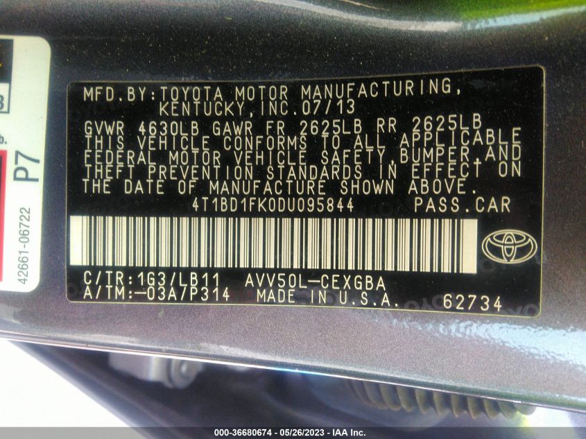 2013 TOYOTA CAMRY HYBRID LE/XLE - 4T1BD1FK0DU095844