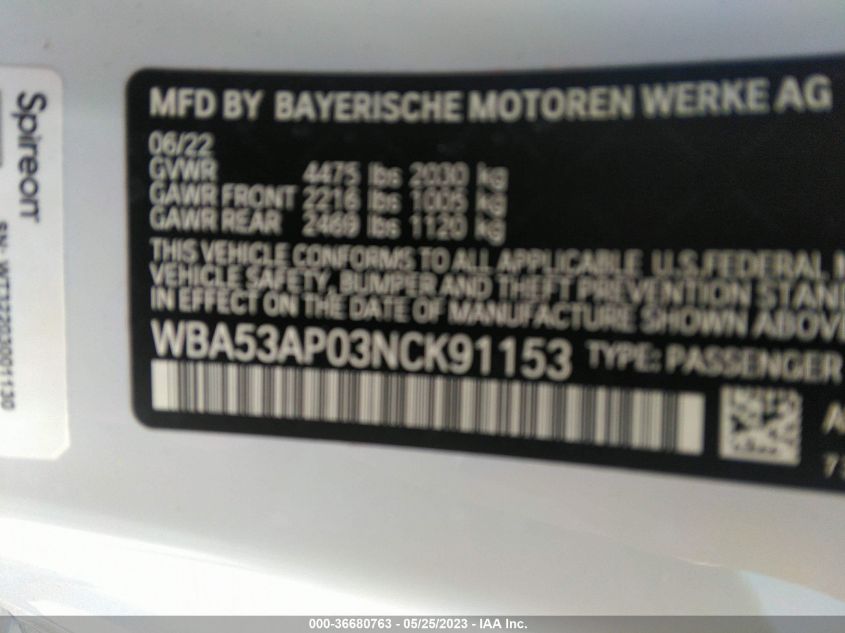 2022 BMW 4 SERIES 430I - WBA53AP03NCK91153
