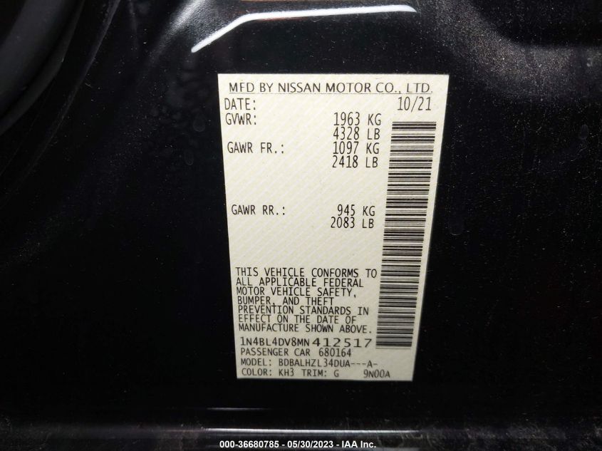 2021 NISSAN ALTIMA 2.5 SV - 1N4BL4DV8MN412517