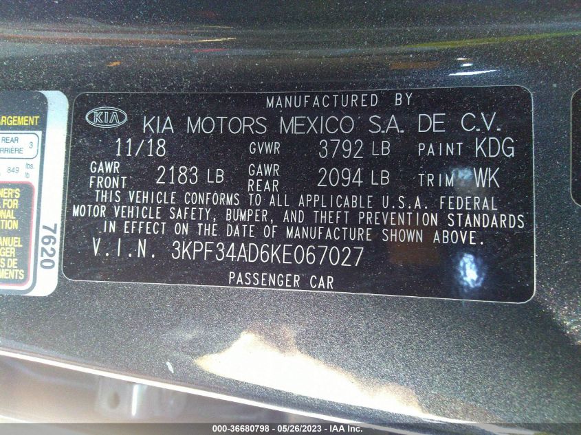 2019 KIA FORTE S - 3KPF34AD6KE067027