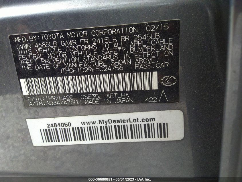 2015 LEXUS IS 250 - JTHCF1D29F5024756