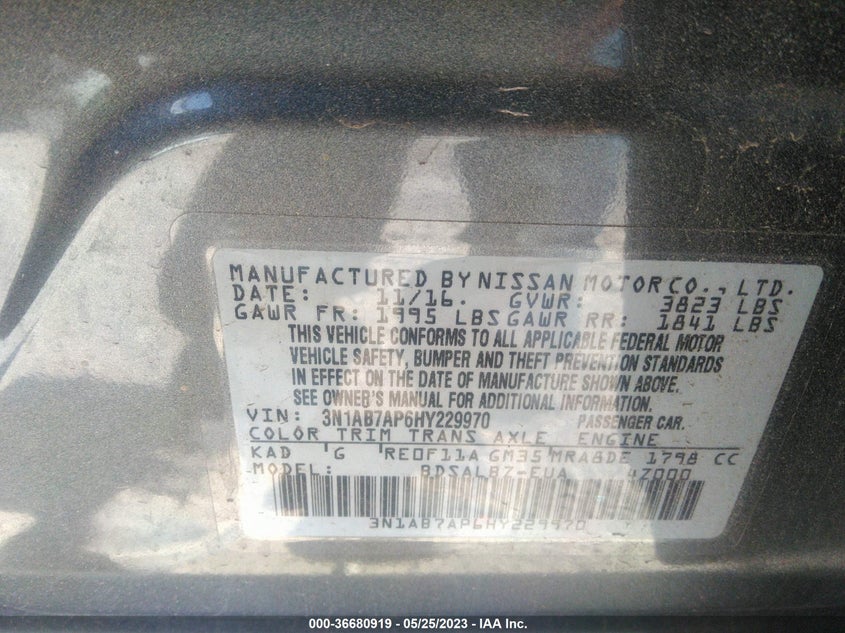 VIN 3N1AB7AP6HY229970 2017 NISSAN SENTRA S