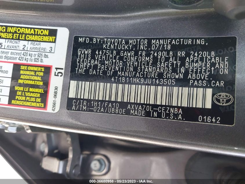 2018 TOYOTA CAMRY LE/SE/XLE/L - 4T1B11HK9JU143505