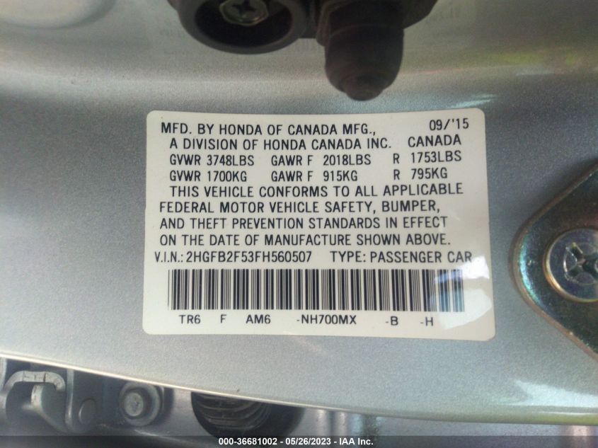2015 HONDA CIVIC SEDAN LX - 2HGFB2F53FH560507