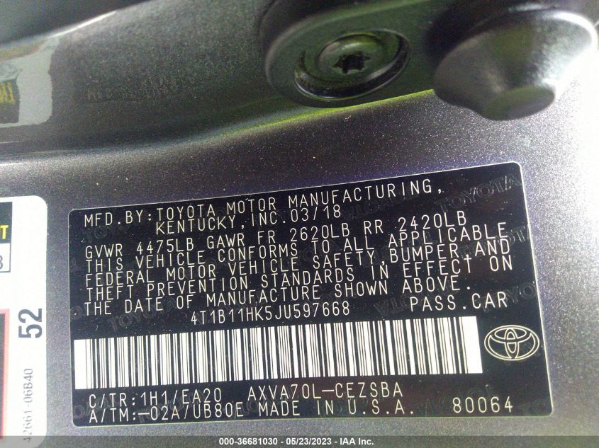 2018 TOYOTA CAMRY LE/SE/XLE/L - 4T1B11HK5JU597668