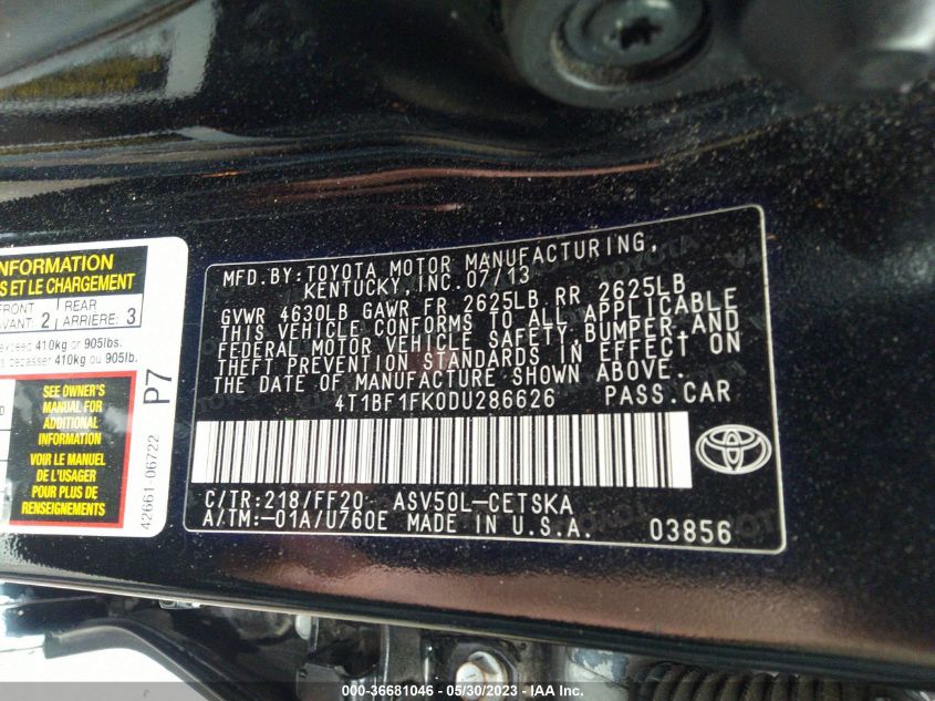 2013 TOYOTA CAMRY L/LE/SE/XLE - 4T1BF1FK0DU286626