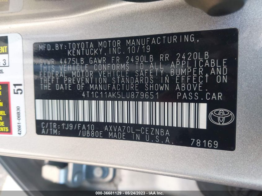 2020 TOYOTA CAMRY LE - 4T1C11AK5LU879651