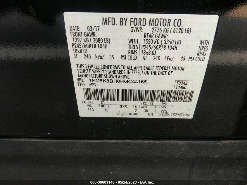 2017 FORD EXPLORER BASE - 1FM5K8BH0HGC44165