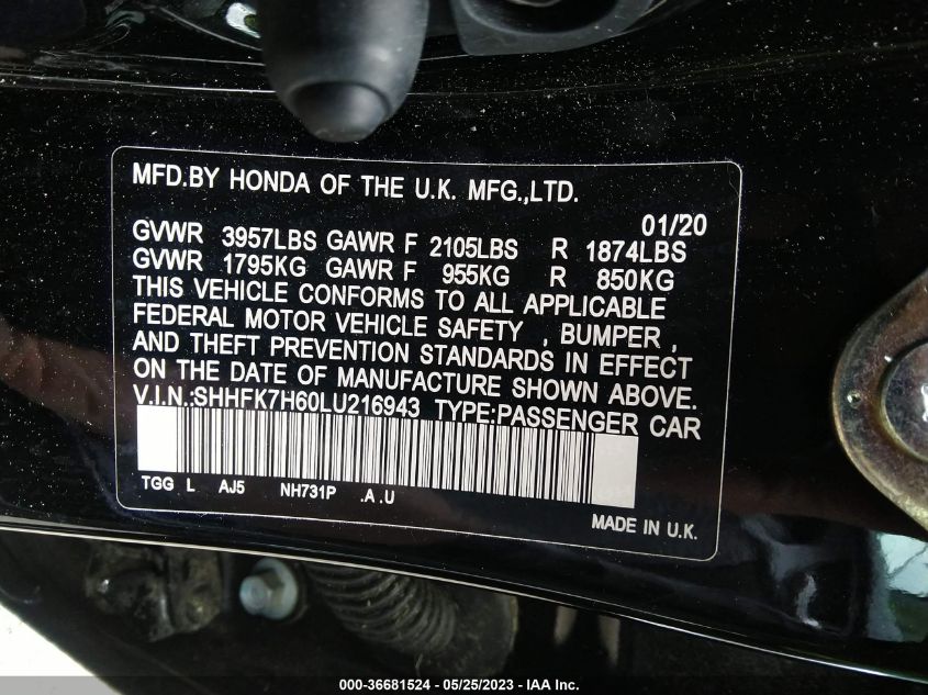 2020 HONDA CIVIC HATCHBACK EX - SHHFK7H60LU216943