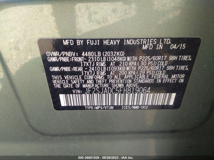 2015 SUBARU FORESTER 2.5I PREMIUM - JF2SJADC5FH819064