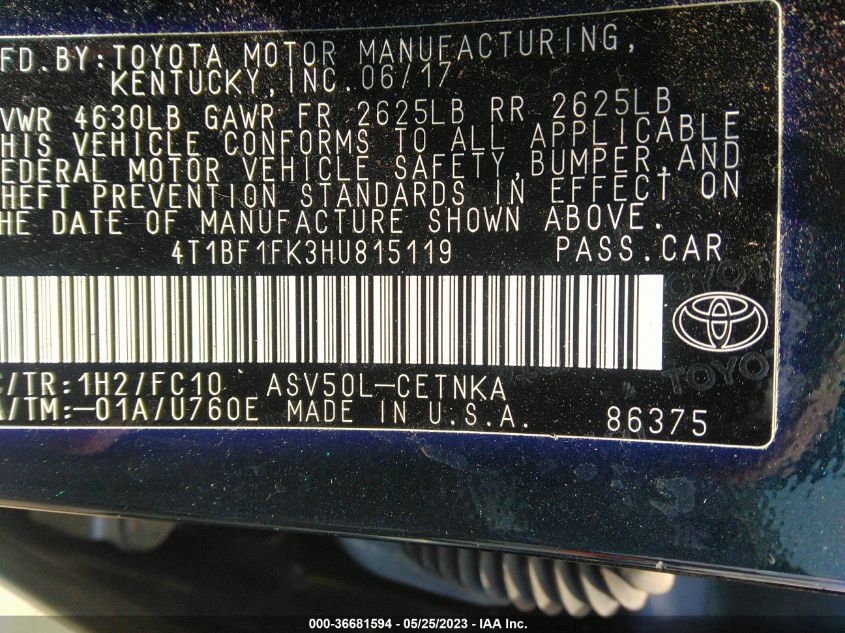 2017 TOYOTA CAMRY XLE/SE/LE/XSE - 4T1BF1FK3HU815119
