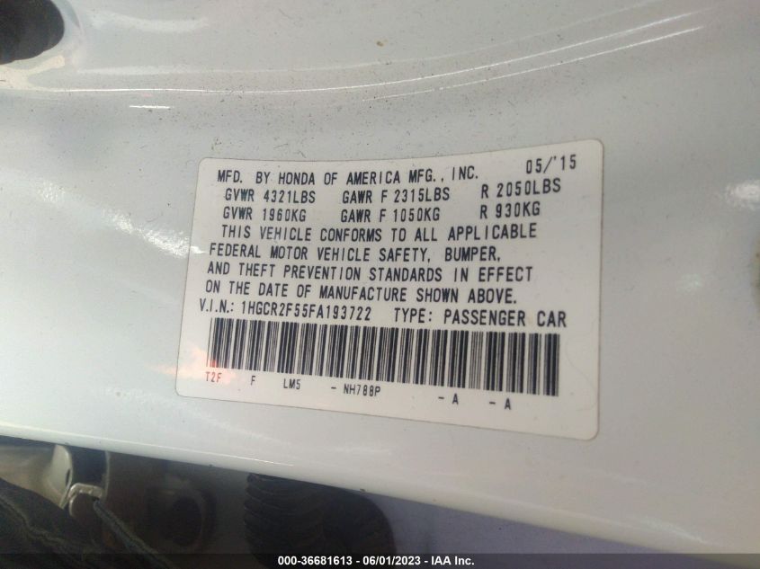 2015 HONDA ACCORD SEDAN SPORT - 1HGCR2F55FA193722