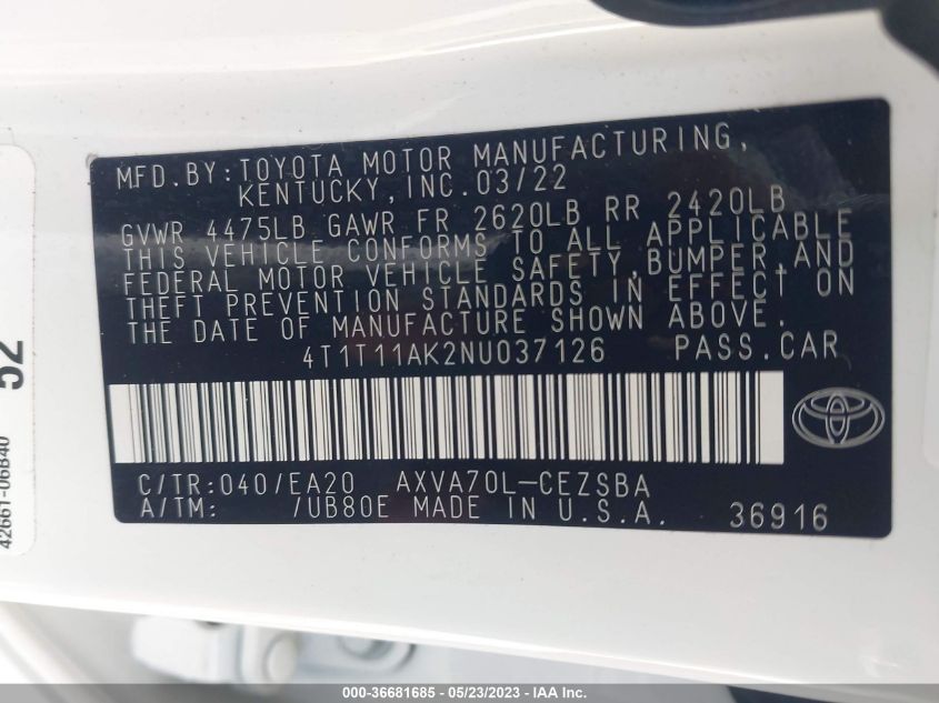 2022 TOYOTA CAMRY SE - 4T1T11AK2NU037126