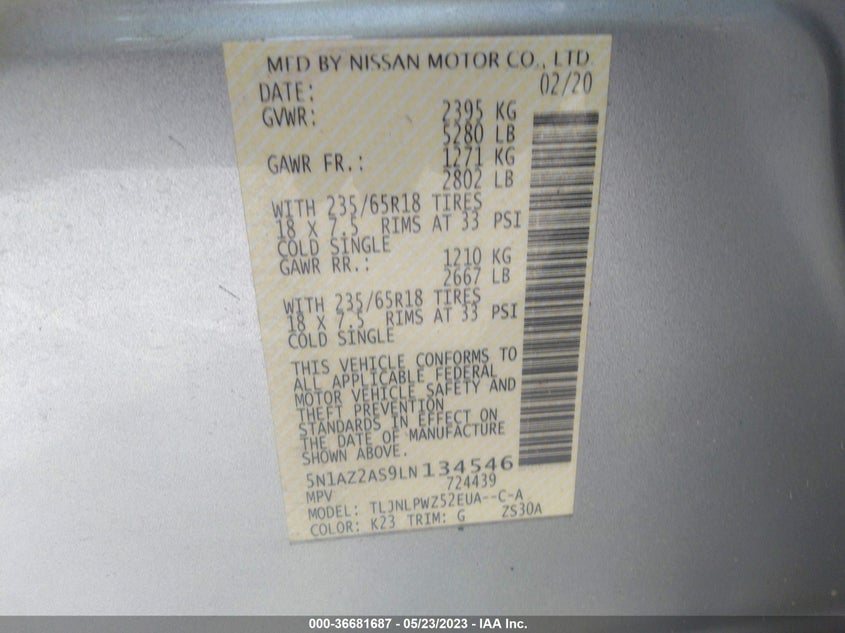 VIN 5N1AZ2AS9LN134546 2020 NISSAN MURANO S