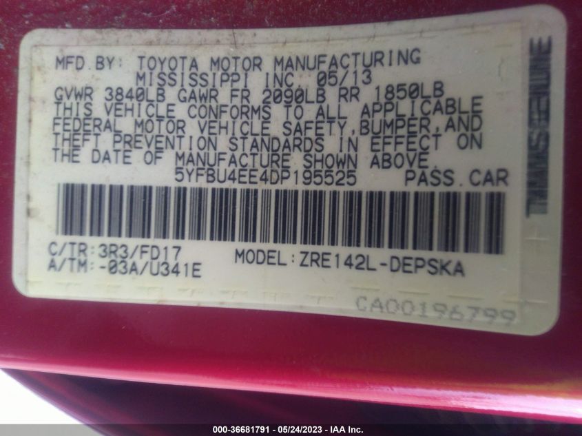 2013 TOYOTA COROLLA L/LE/S - 5YFBU4EE4DP195525
