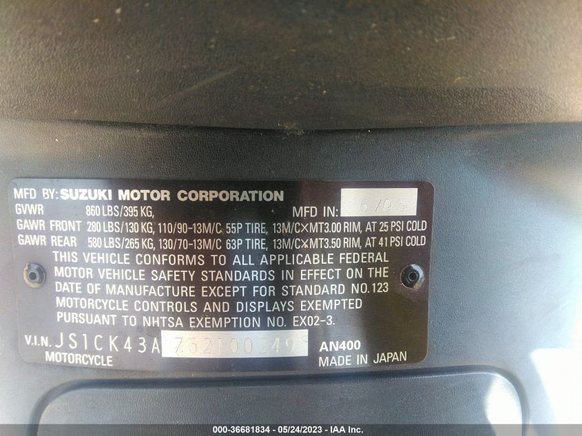 2006 SUZUKI AN400 K3 JS1CK43A762100249