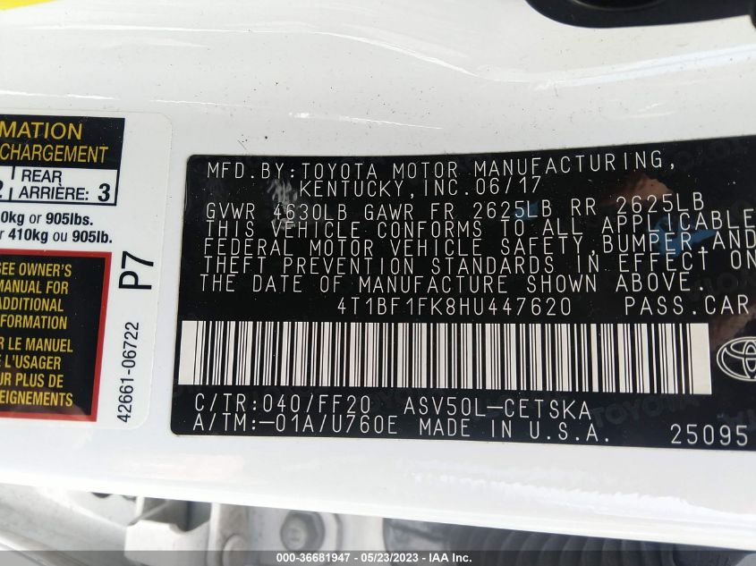 2017 TOYOTA CAMRY XLE/SE/LE/XSE - 4T1BF1FK8HU447620