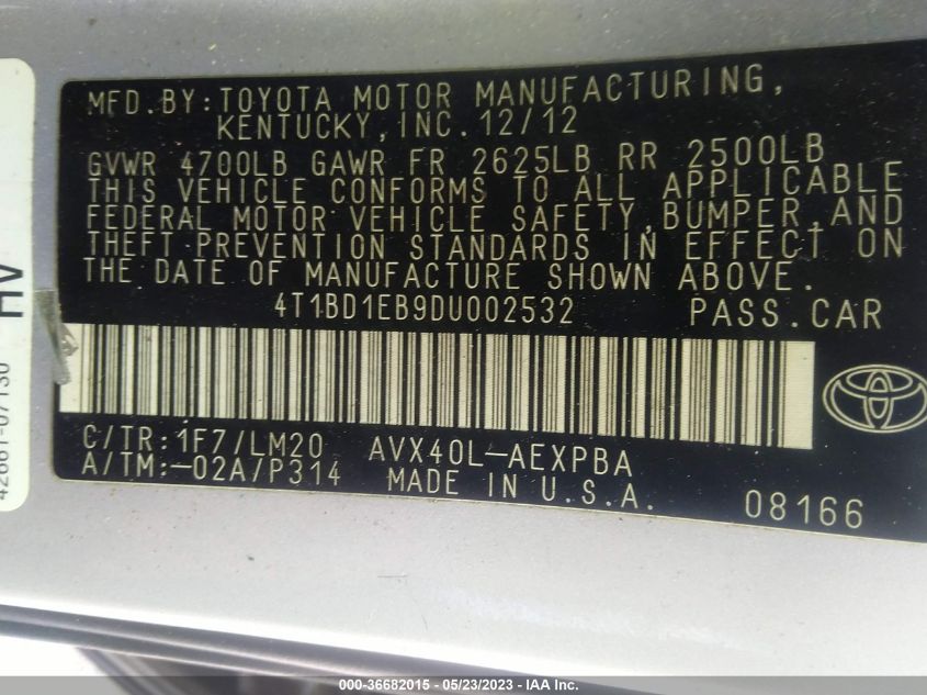 2013 TOYOTA AVALON HYBRID XLE PREMIUM 4T1BD1EB9DU002532