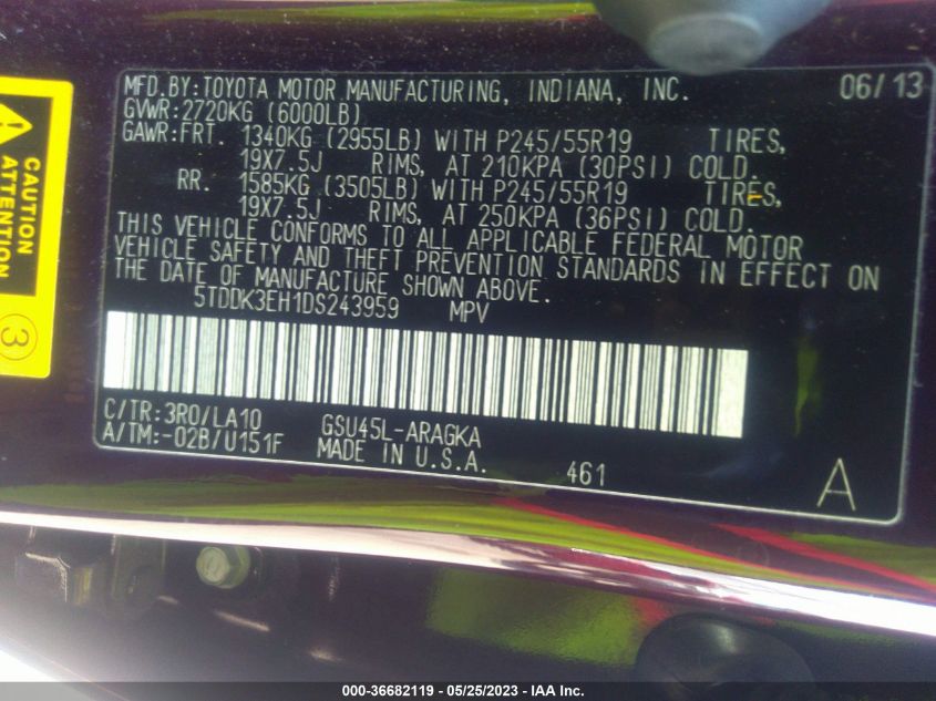 2013 TOYOTA HIGHLANDER LIMITED - 5TDDK3EH1DS243959