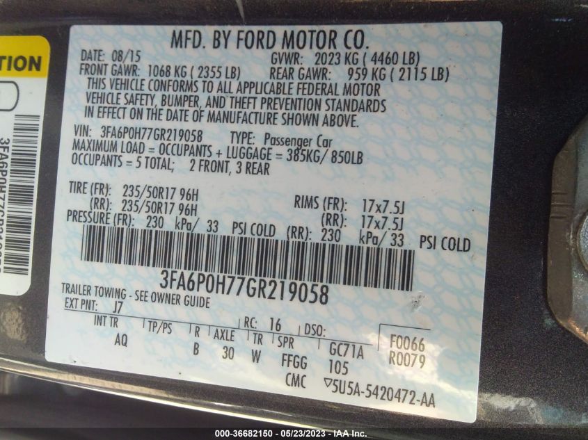 2016 FORD FUSION SE - 3FA6P0H77GR219058