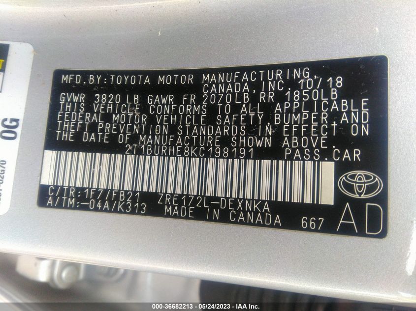 2019 TOYOTA COROLLA L/LE/SE/XLE/XSE - 2T1BURHE8KC198191