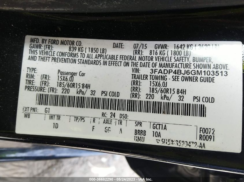 2016 FORD FIESTA SE - 3FADP4BJ6GM103513