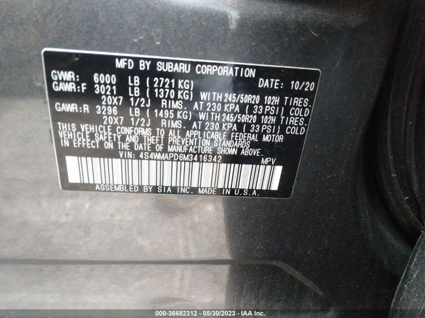 2021 SUBARU ASCENT LIMITED - 4S4WMAPD6M3416342