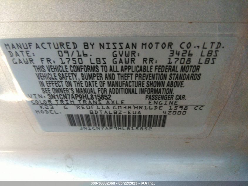 2017 NISSAN VERSA SEDAN SV - 3N1CN7AP9HL815852