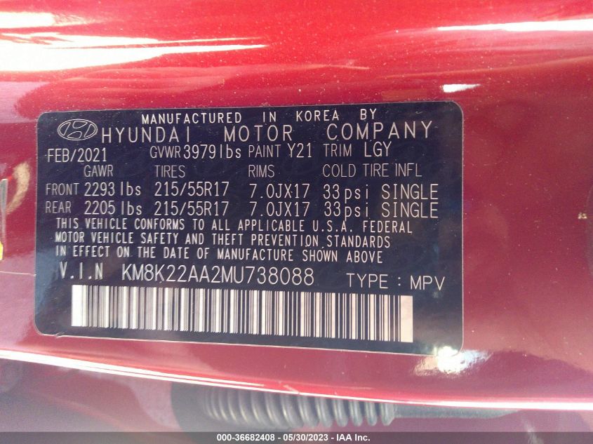 2021 HYUNDAI KONA SEL - KM8K22AA2MU738088