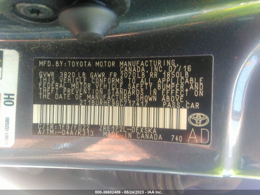 2016 TOYOTA COROLLA L/LE/S/S PLUS/LE PLUS - 2T1BURHE9GC717417