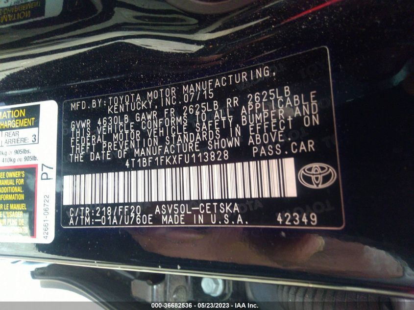 2015 TOYOTA CAMRY XLE/SE/LE/XSE - 4T1BF1FKXFU113828