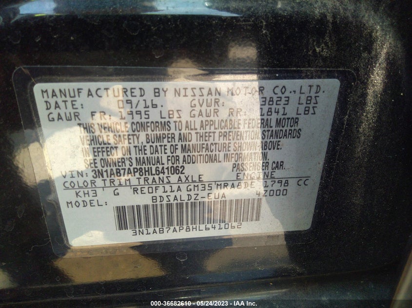 VIN 3N1AB7AP8HL641062 2017 NISSAN SENTRA SV