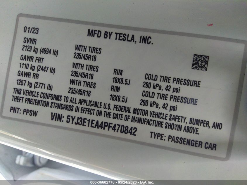 2023 TESLA MODEL 3 - 5YJ3E1EA4PF470842