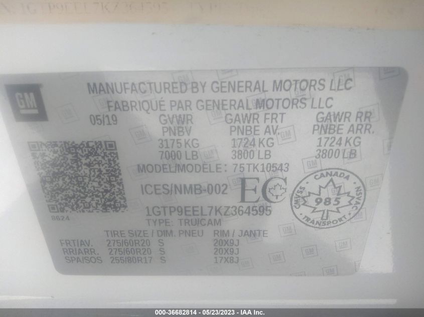2019 GMC SIERRA 1500 AT4 - 1GTP9EEL7KZ364595