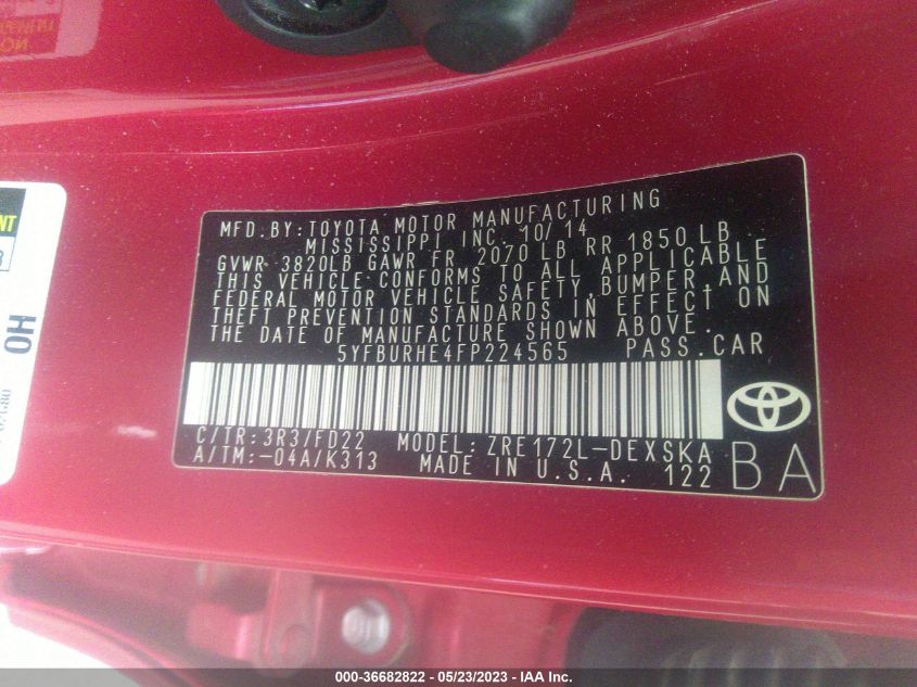 2015 TOYOTA COROLLA L/LE/S/S PLUS/LE PLUS - 5YFBURHE4FP224565