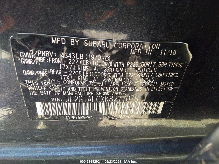 VIN JF2GTAECXK8277078 2019 SUBARU CROSSTREK PREMIUM